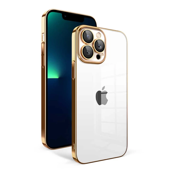 Apple iPhone 13 Pro Max Kılıf Kamera Korumalı Renkli Çerçeveli Zore Garaj Kapak  Gold