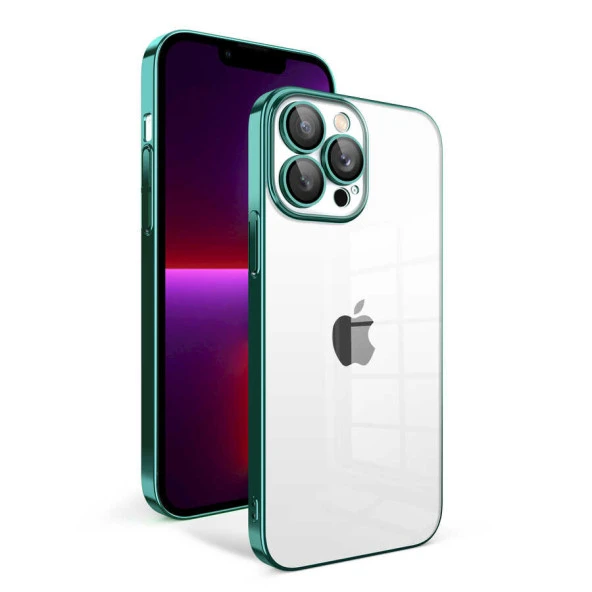 Apple iPhone 13 Pro Kılıf Kamera Korumalı Renkli Çerçeveli Zore Garaj Kapak  Koyu Yeşil