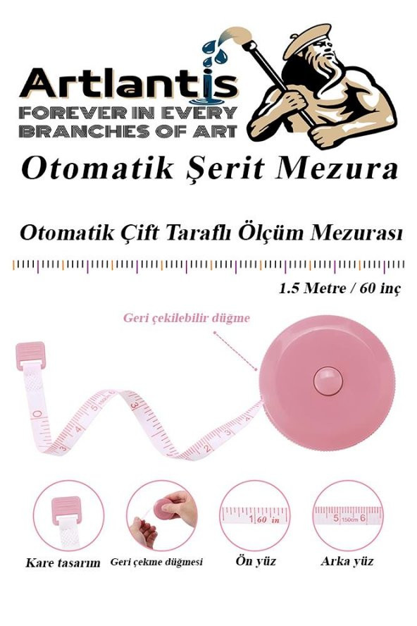 Otomatik Şerit Mezura 1.5 Metre Kırmızı Renk 1 Adet Yuvarlak Cep Mezurası 150 cm Mezro Terzi Metresi Vücut Ölçüm Metresi - 2
