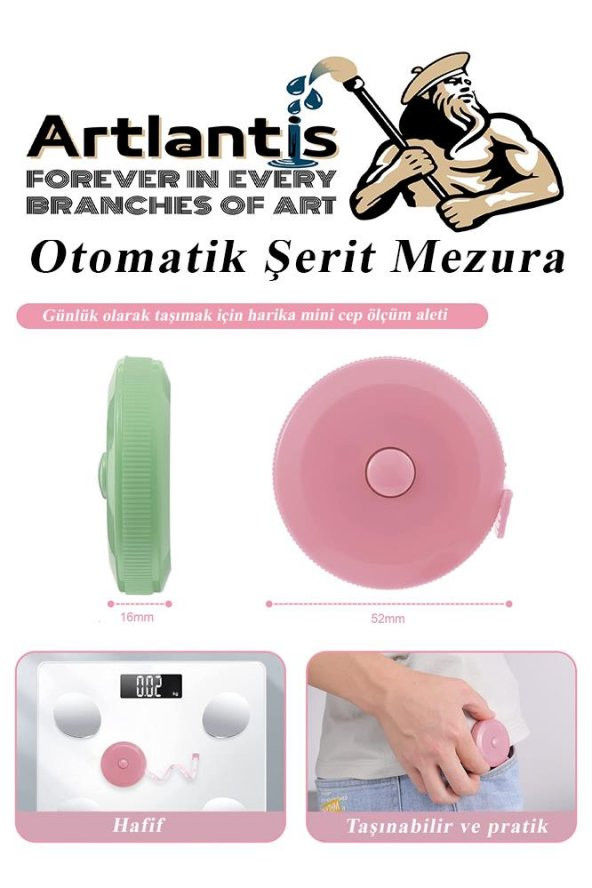 Otomatik Şerit Mezura 1.5 Metre 3 Renk 1 Adet Yuvarlak Cep Mezurası 150 cm Mezro Terzi Metresi Vücut Ölçüm Metresi - 3