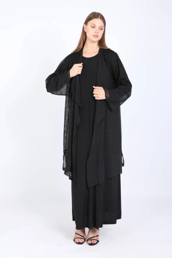 Kadın Büyük Beden Minimal Desenli Şifon Elbise Takım Siyah