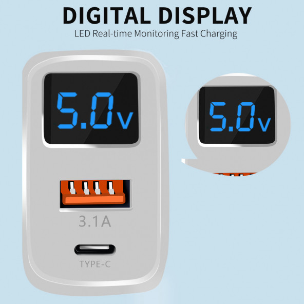 Zuidid LED Ekranlı 20W PD+USB Hızlı Şarj Adaptörü - 5