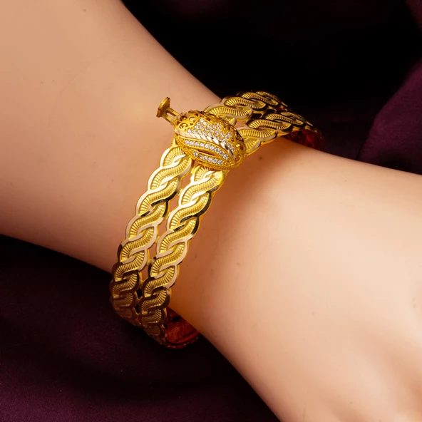 Saç Örgüsü Çiçekli Kelepçe Altın Bilezik - Resim 2