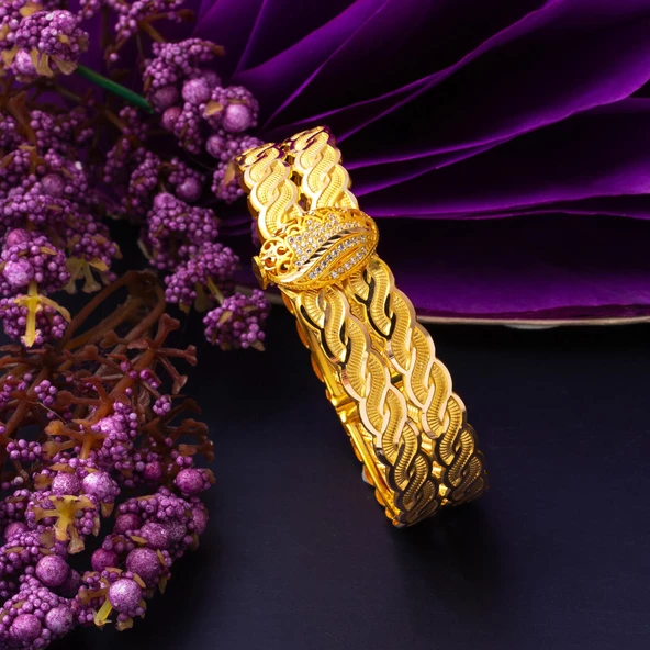 Saç Örgüsü Çiçekli Kelepçe Altın Bilezik - Resim 5