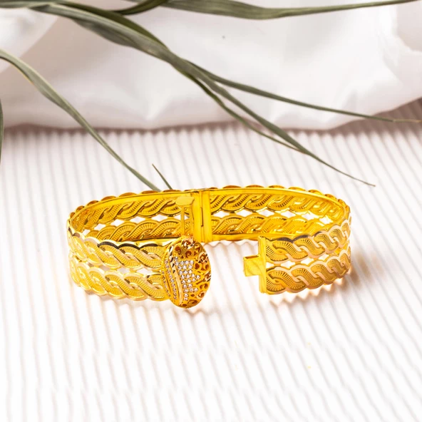 Saç Örgüsü Çiçekli Kelepçe Altın Bilezik - Resim 3