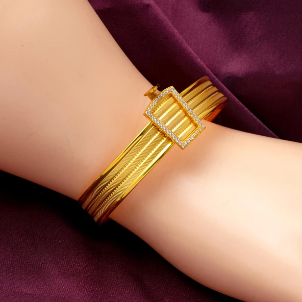 3 Sıra Taşlı Trabzon Hasır Kilitli Altın Bilezik - Resim 2