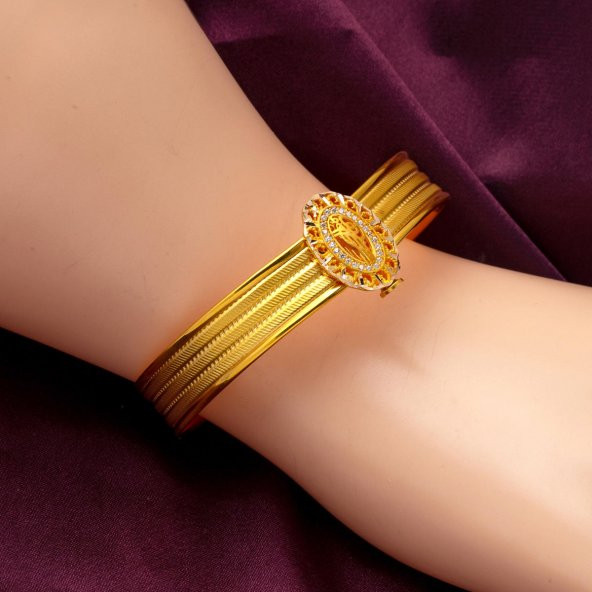 Tuğralı 3 Sıra Trabzon Hasır Kelepçe Altın Bilezik - Resim 2