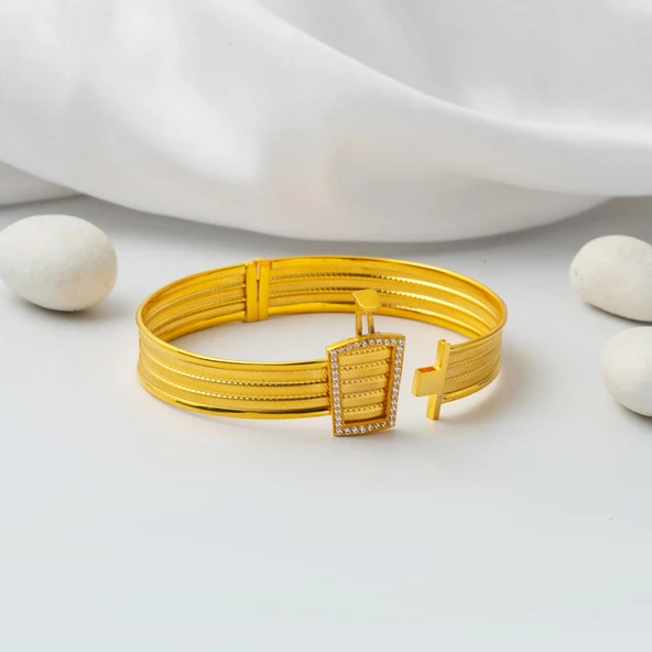 3 Sıra Taşlı Trabzon Hasır Kilitli Altın Bilezik - Resim 3