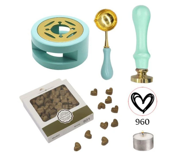 Davetiye Mum Mühürü Uygulama Seti Su Yeşili Renk 960 Kalp ürün görseli