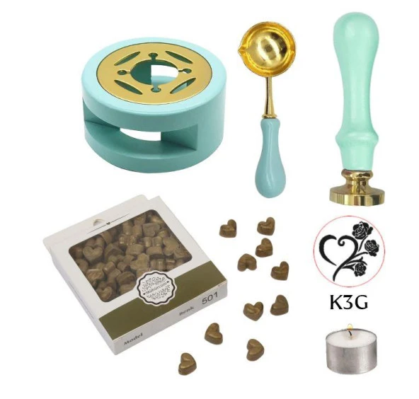 Davetiye Mum Mühürü Uygulama Seti Su Yeşili Renk K3G Kalp 3 Gül ürün görseli