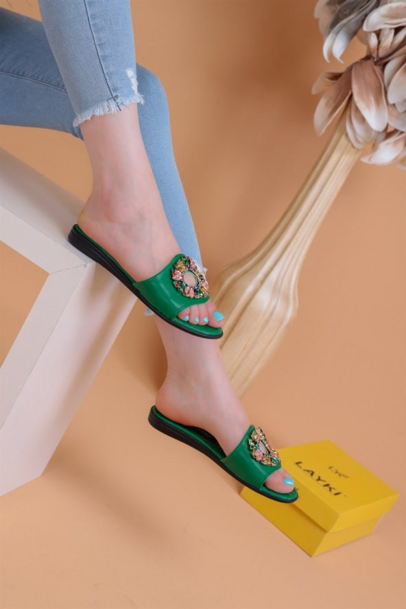 Lemis  Yeşil Renk Taşlı Terlik - 5
