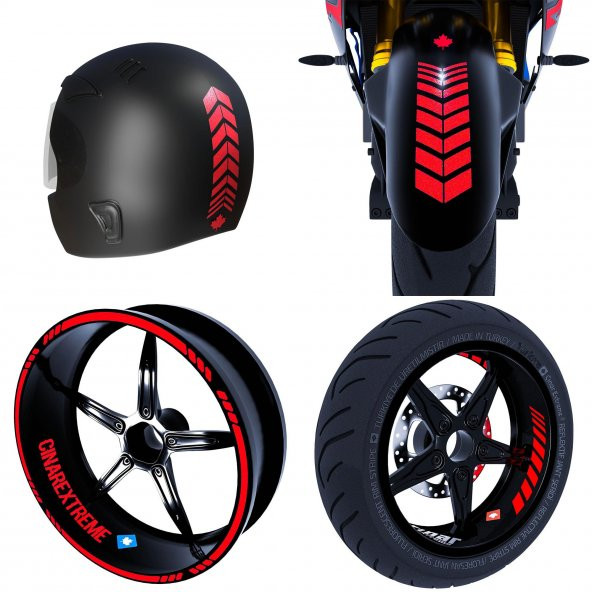 Moto Rider 4lü Sticker Seti Reflektif Kırmızı İç Dış Jant Şeridi Kask ve Çamurluk Çınar Extreme