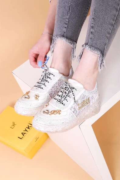 Astra Taşlı Desenli Şeffaf Taban Beyaz Renkli Kadın Sneaker - 2