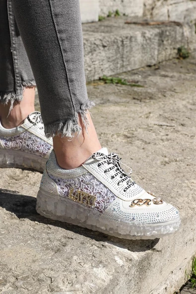 Astra Taşlı Desenli Şeffaf Taban Beyaz Renkli Kadın Sneaker - 7