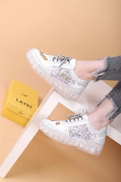 Astra Taşlı Desenli Şeffaf Taban Beyaz Renkli Kadın Sneaker - 3