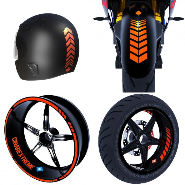 Moto Rider 4lü Sticker Seti Floresan Turuncu İç Dış Jant Şeridi Kask ve Çamurluk Çınar Extreme