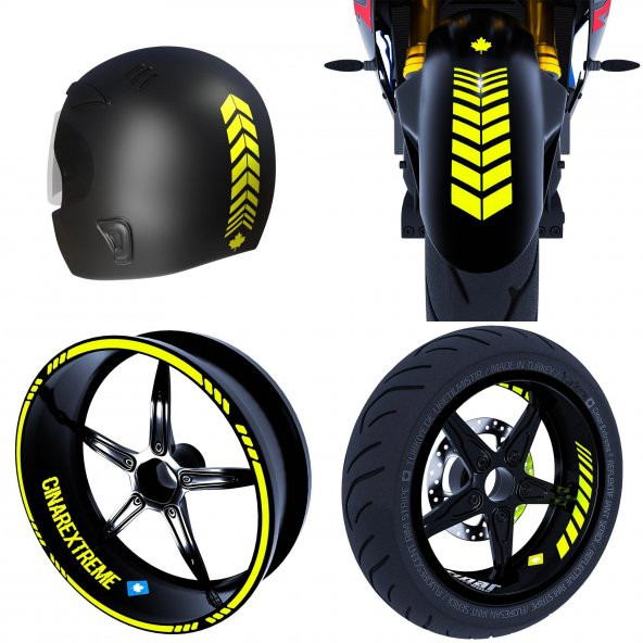 Moto Rider 4lü Sticker Seti Floresan Sarı İç Dış Jant Şeridi Kask ve Çamurluk Çınar Extreme