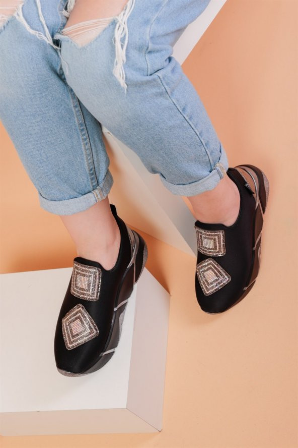 İmmobile Platin Renkli Önü Parlak Taşlı Paraşüt Kumaş Lux Kadın Spor Ayakkabı - 3