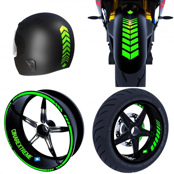 Moto Rider 4lü Sticker Seti Floresan Yeşil İç Dış Jant Şeridi Kask ve Çamurluk Çınar Extreme