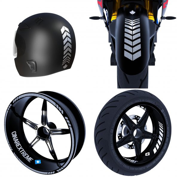 Moto Rider 4lü Sticker Seti Yaldızlı Gümüş İç Dış Jant Şeridi Kask ve Çamurluk Çınar Extreme