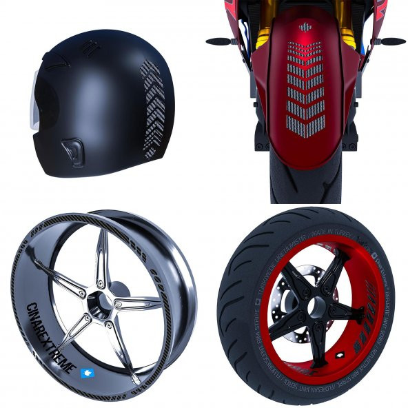 Moto Rider 4lü Sticker Seti Siyah Karbon Fiber Dokulu İç Dış Jant Şeridi Kask ve Çamurluk Çınar Extreme
