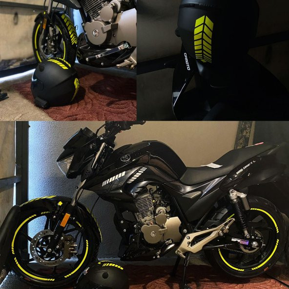 Moto Rider 4lü Sticker Seti Floresan Sarı İç Dış Jant Şeridi Kask ve Çamurluk Çınar Extreme - 8