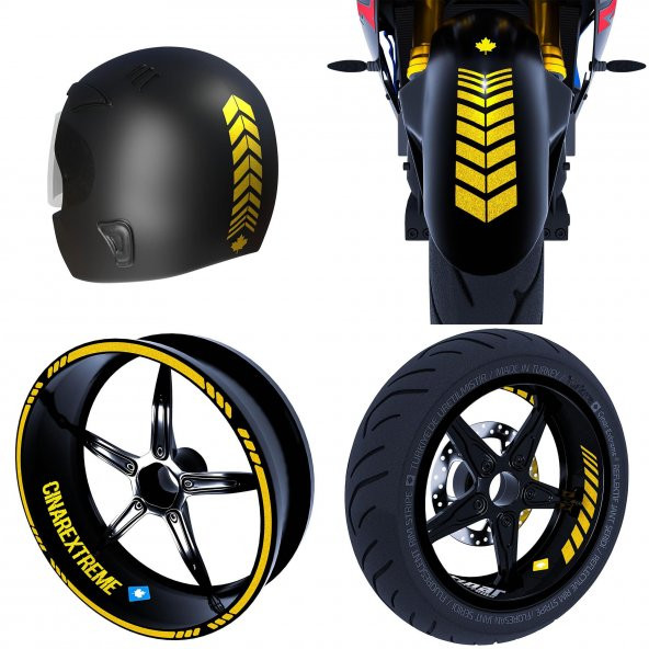 Moto Rider 4lü Sticker Seti Reflektif Sarı İç Dış Jant Şeridi Kask ve Çamurluk Çınar Extreme