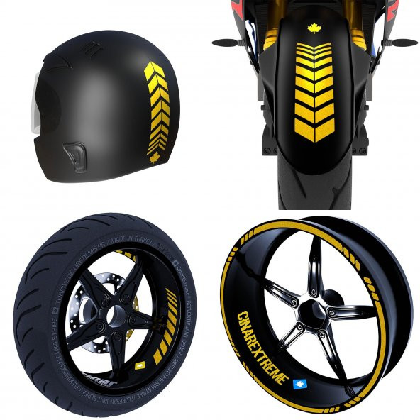 Moto Rider 4lü Sticker Seti Yaldızlı Gold İç Dış Jant Şeridi Kask ve Çamurluk Çınar Extreme