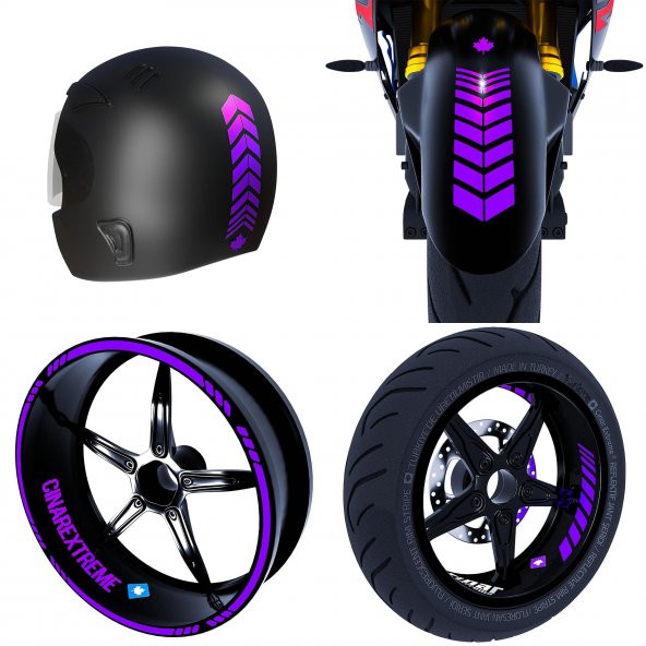 Moto Rider 4lü Sticker Seti Patlıcan Moru İç Dış Jant Şeridi Kask ve Çamurluk Çınar Extreme