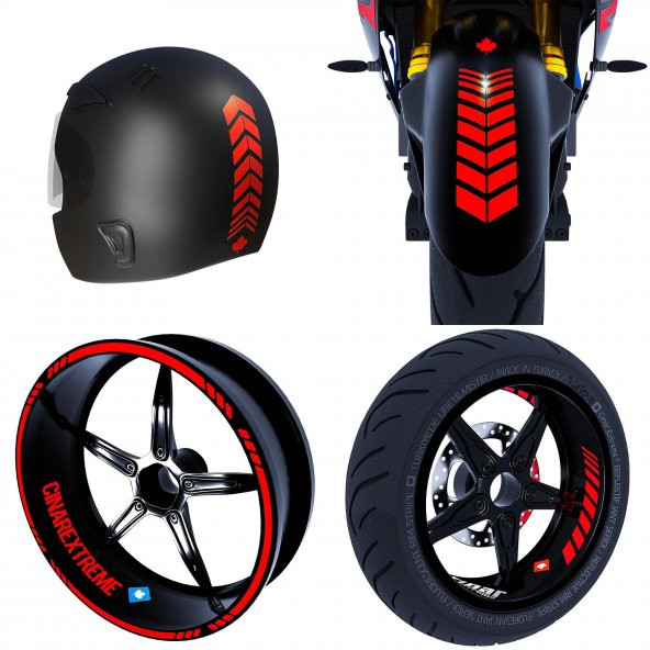 Moto Rider 4lü Sticker Seti Bayrak Kırmızı İç Dış Jant Şeridi Kask ve Çamurluk Çınar Extreme