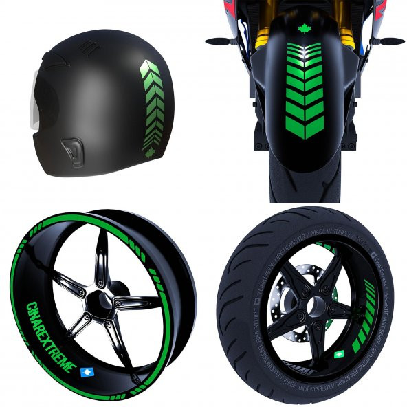 Moto Rider 4lü Sticker Seti Orman Yeşili İç Dış Jant Şeridi Kask ve Çamurluk Çınar Extreme