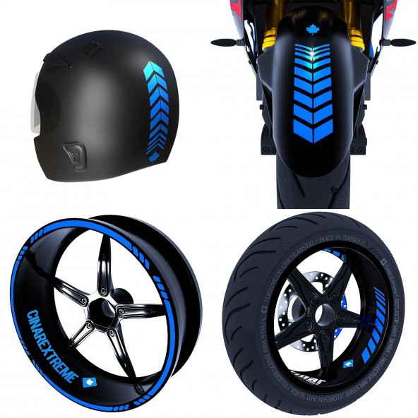 Moto Rider 4lü Sticker Seti Azur Mavi İç Dış Jant Şeridi Kask ve Çamurluk Çınar Extreme