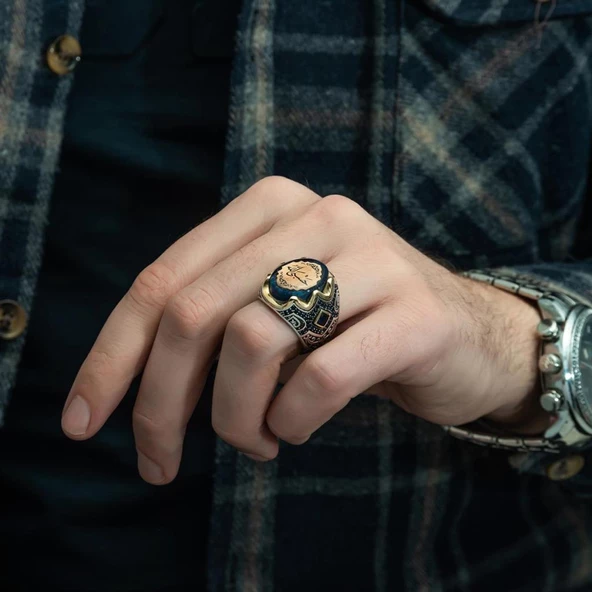 Hasbiyallah Yazılı Sıkma Kehribar Taşlı 925 Gümüş Erkek Yüzük - 4