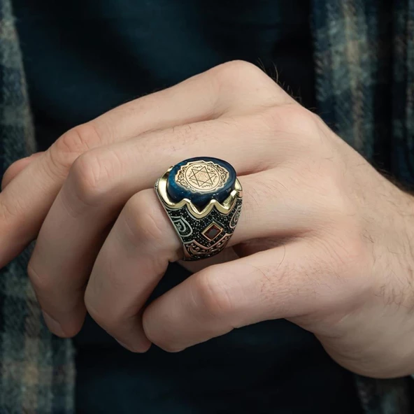 Mührü Süleyman İşleme Sıkma Kehribar Taşlı 925 Gümüş Erkek Yüzük - 3