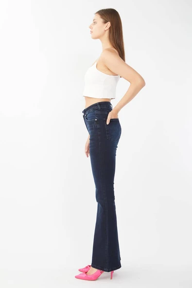 Kadın Koyu Lacivert İsypanyol Paça Jean Pantolon - Resim 3