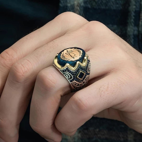 Hasbiyallah Yazılı Sıkma Kehribar Taşlı 925 Gümüş Erkek Yüzük - 8