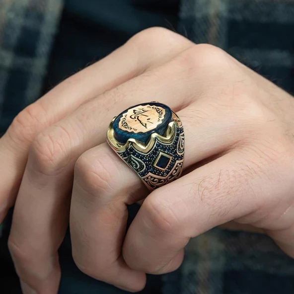 Hasbiyallah Yazılı Sıkma Kehribar Taşlı 925 Gümüş Erkek Yüzük - 7