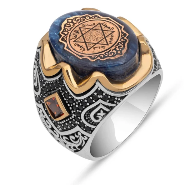 Mührü Süleyman İşleme Sıkma Kehribar Taşlı 925 Gümüş Erkek Yüzük - 2