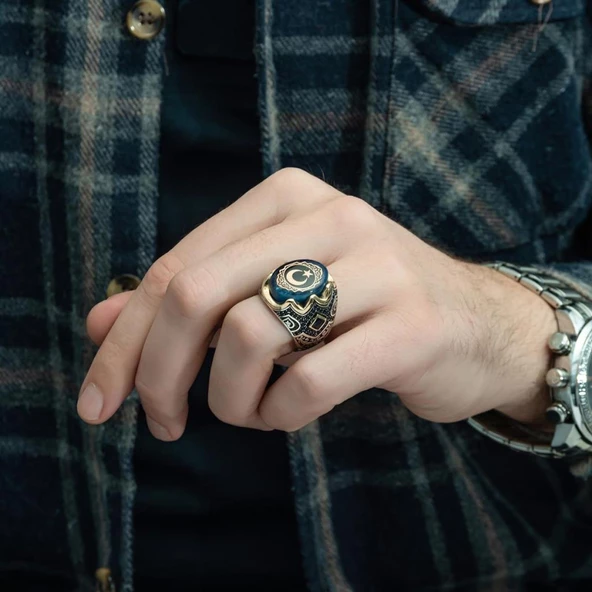 Ayyıldız Desenli Sıkma Kehribar Taşlı 925 Gümüş Erkek Yüzük - 8