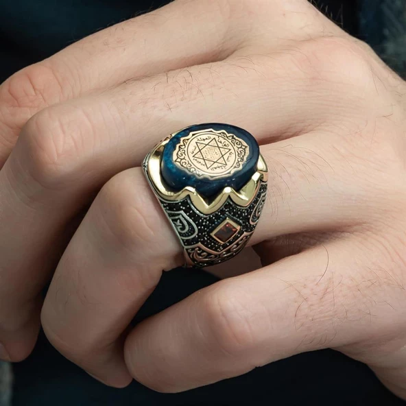 Mührü Süleyman İşleme Sıkma Kehribar Taşlı 925 Gümüş Erkek Yüzük - 9