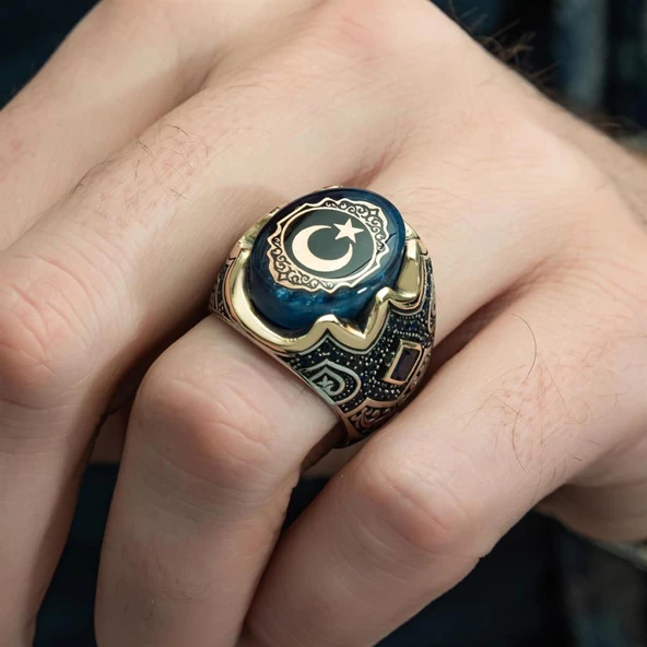 Ayyıldız Desenli Sıkma Kehribar Taşlı 925 Gümüş Erkek Yüzük - 4