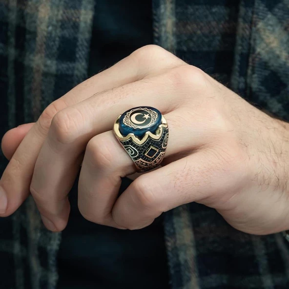 Ayyıldız Desenli Sıkma Kehribar Taşlı 925 Gümüş Erkek Yüzük - 9