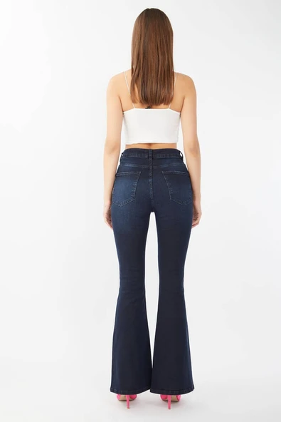 Kadın Koyu Lacivert İsypanyol Paça Jean Pantolon - Resim 4