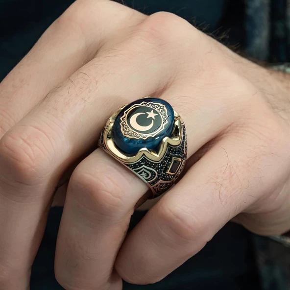 Ayyıldız Desenli Sıkma Kehribar Taşlı 925 Gümüş Erkek Yüzük - 5