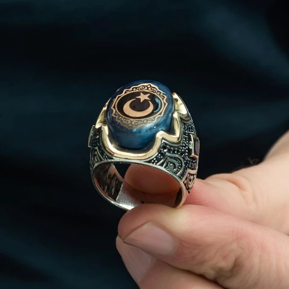 Ayyıldız Desenli Sıkma Kehribar Taşlı 925 Gümüş Erkek Yüzük - 3