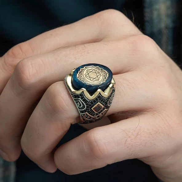 Mührü Süleyman İşleme Sıkma Kehribar Taşlı 925 Gümüş Erkek Yüzük - 4