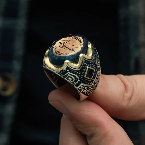 Hasbiyallah Yazılı Sıkma Kehribar Taşlı 925 Gümüş Erkek Yüzük - 6