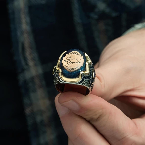 Hasbiyallah Yazılı Sıkma Kehribar Taşlı 925 Gümüş Erkek Yüzük - 5