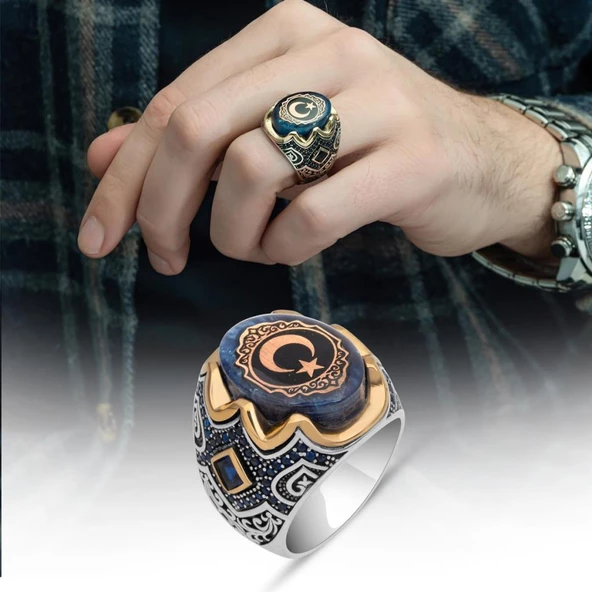 Ayyıldız Desenli Sıkma Kehribar Taşlı 925 Gümüş Erkek Yüzük