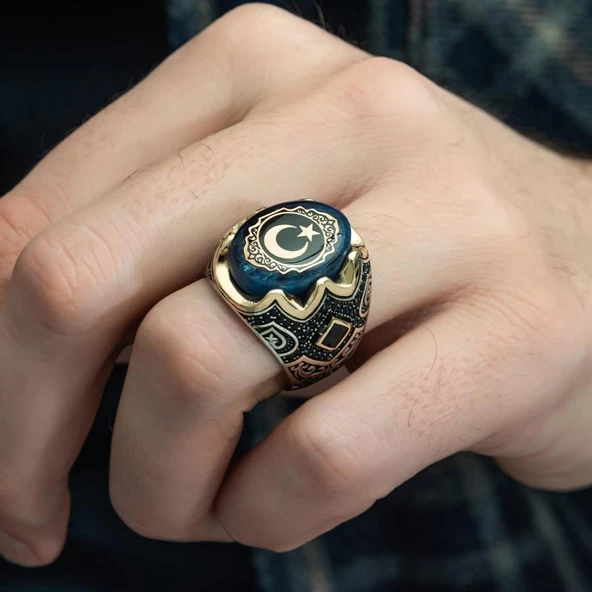 Ayyıldız Desenli Sıkma Kehribar Taşlı 925 Gümüş Erkek Yüzük - 7